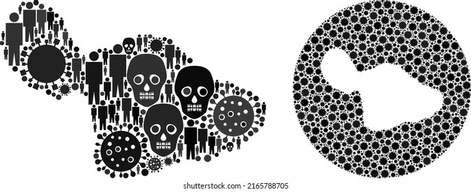 Collage Maui Island map designed from flu virus icons and men and death items. Infection virus Maui Island map collage created with circle and subtracted shape.