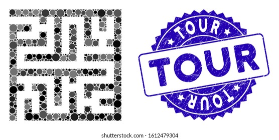 Collage maze icon and corroded stamp seal with Tour caption. Mosaic vector is composed with maze icon and with random circle elements. Tour seal uses blue color, and distress surface.