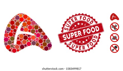 Collage meat steak icon and corroded stamp seal with Super Food text. Mosaic vector is designed with meat steak icon and with randomized circle elements. Super Food stamp seal uses red color,