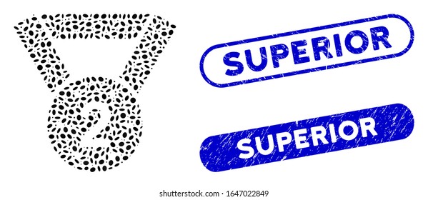 Sammeln Sie Medaillensekunde und Stempelsiegel mit überlegener Schrift. Mosaik Vektorillustration Medaille Sekunde ist mit verstreuten ovalen Elementen gebildet. Überlegene Robben verwenden blaue Farben und haben runde Rechteckform.