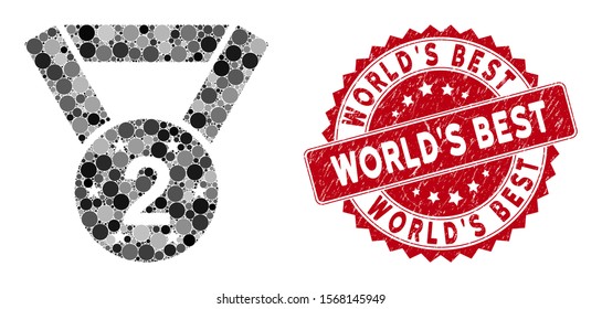 Collage medal second and grunge stamp seal with World'S Best text. Mosaic vector is designed with medal second icon and with scattered round items. World'S Best stamp seal uses red color,
