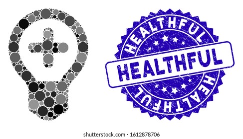 Collage medical bulb icon and rubber stamp seal with Healthful phrase. Mosaic vector is composed from medical bulb icon and with randomized circle spots. Healthful stamp seal uses blue color,