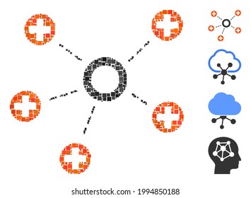 Collage Medical connections icon composed of square items in different sizes and color hues. Vector square items are grouped into abstract collage medical connections icon. Bonus pictograms are added.