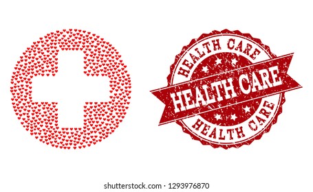 Collage medical cross created with red love hearts, and isolated grunge watermark. Composition for Valentines Day. Medical cross concept constructed with small randomized wedding heart elements.