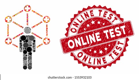 Collage medical network administrator and rubber stamp seal with Online Test phrase. Mosaic vector is composed with medical network administrator icon and with random circle items.