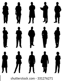 Collage Of Medical Practitioners Standing Silhouettes. Vector Image