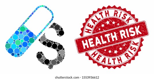 Collage medication business and corroded stamp seal with Health Risk text. Mosaic vector is composed with medication business icon and with random circle elements.
