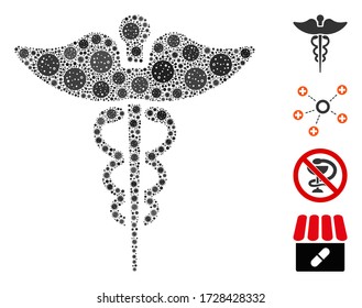 Collage medicine caduceus symbol composed of SARS virus elements in various sizes and color hues. Vector pathogen elements are united into abstract collage medicine caduceus symbol icon.