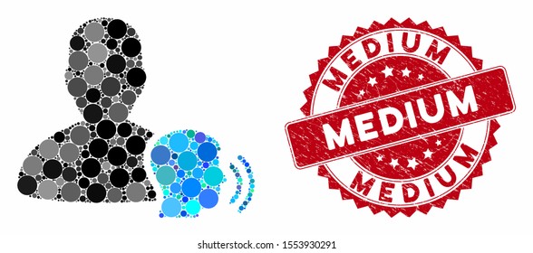 Collage medium and distressed stamp seal with Medium phrase. Mosaic vector is designed with medium icon and with scattered spheric items. Medium stamp seal uses red color, and rubber design.