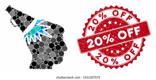 Collage megaphone impact head and grunge stamp seal with 20% Off caption. Mosaic vector is designed with megaphone impact head icon and with randomized circle elements.
