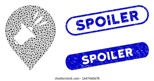 Collage megaphone map marker and distressed stamp seals with Spoiler phrase. Mosaic vector megaphone map marker is created with random elliptic items. Spoiler stamp seals use blue color,