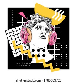 Collage in a Memphis art  style. Apollo Plaster head statue in the donuts headphone and with a decor geometry. Humor poster, t-shirt composition, hand drawn style print. Vector illustration.