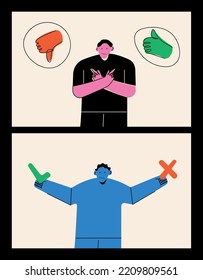 Collage. Men standing to choose YES or NO. Vector illustration cartoon character. Concept of choice, selection, answer, reply, accept of refuse. Use with advertisement or business. Hand drawn