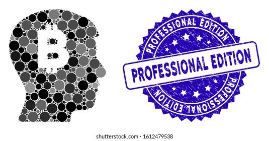 Collage mental Bitcoin icon and corroded stamp seal with Professional Edition text. Mosaic vector is created with mental Bitcoin icon and with random circle spots.