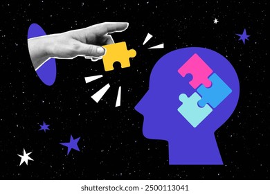 Collage of mental health care medical treatment concept with halftone hand, puzzle and human head. Psychotherapy and solving mental problems. Vector illustration in pop art style