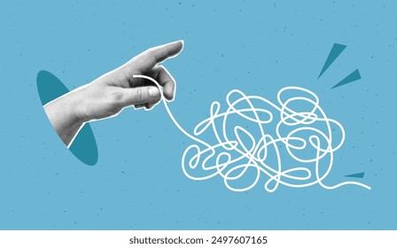 Collage of mental health concept with halftone hand and tangled ball. Psychologic therapy session concept and help in fighting stress, depression, emotional burnout and other psychological problems