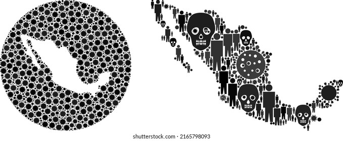 Collage Mexico map united from virus outbreak items and men and skull items. Sick virus Mexico map collage created with sphere and subtracted space. Mosaics created for geographic agitation.