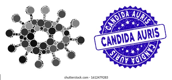 Collage microbe icon and distressed stamp watermark with Candida Auris phrase. Mosaic vector is formed with microbe icon and with scattered round elements. Candida Auris stamp seal uses blue color,