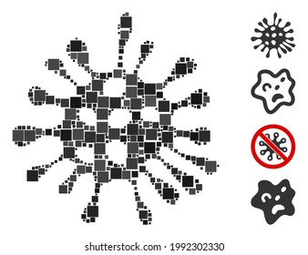 Icono de Microbe de grupo unido de elementos cuadrados en tamaños variables y tonos de color. Los elementos cuadrados vectoriales se unen en un icono abstracto de microbio de mosaico. Se agregan iconos de bonificación.
