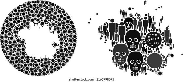 Collage Micronesia island map constructed from SARS virus elements and men and death icons. Infection virus Micronesia island map mosaic created with sphere and carved shape.