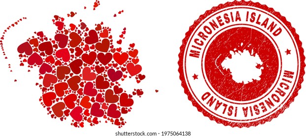 Collage Micronesia island map created with red love hearts, and rubber stamp. Vector lovely round red rubber badge imprint with Micronesia island map inside.