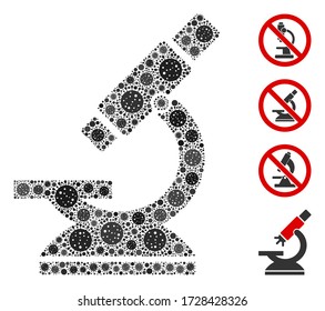Collage microscope constructed from covid-2019 virus icons in variable sizes and color hues. Vector infection icons are combined into abstract collage microscope icon. Some bonus icons are added.