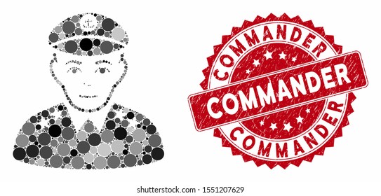 Collage military captain and corroded stamp seal with Commander caption. Mosaic vector is composed with military captain icon and with random spheric elements. Commander stamp seal uses red color,