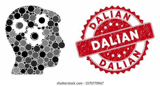 Collage mind gears and rubber stamp seal with Dalian phrase. Mosaic vector is created with mind gears icon and with randomized spheric elements. Dalian stamp seal uses red color, and dirty design.