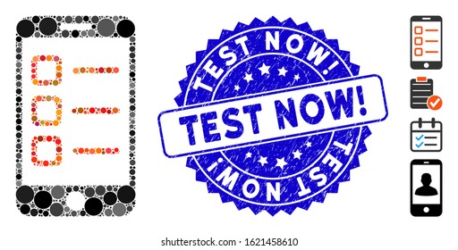 Collage mobile list icon and rubber stamp seal with Test Now! phrase. Mosaic vector is designed with mobile list icon and with scattered spheric spots. Test Now! seal uses blue color,
