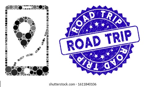 Collage mobile map navigation icon and corroded stamp seal with Road Trip caption. Mosaic vector is created with mobile map navigation pictogram and with randomized round elements.