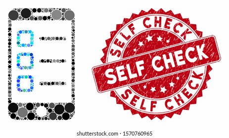 Collage mobile test and grunge stamp seal with Self Check phrase. Mosaic vector is created with mobile test icon and with scattered circle spots. Self Check stamp seal uses red color,