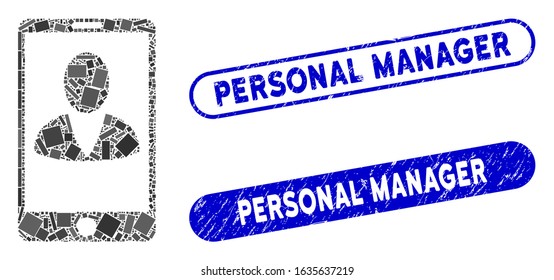 Collage mobile user profile and rubber stamp seals with Personal Manager caption. Mosaic vector mobile user profile is created with randomized rectangle items.