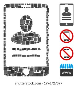 Collage Mobile user properties icon united from square items in various sizes and color hues. Vector square items are united into abstract collage mobile user properties icon.