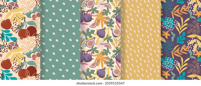 Collage of modern exotic patterns with fruits and foliage. Summer tropical colorful background collection. Hawaiian motifs and abstract shapes print for textile, packaging, paper, design. Vector 