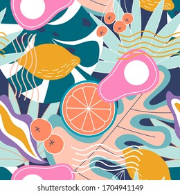 Collage moderno y floral sin fisuras. Moderna ilustración exótica de plantas de selva, limones, aguacates y hojas en vectores.