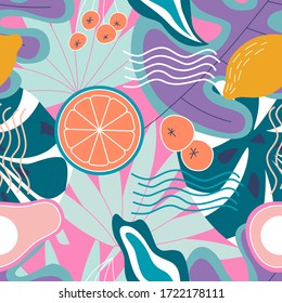 Collage modern floral seamless pattern. Modern exotic illustration of jungle plants, lemons, avocados and leaves in vector.
