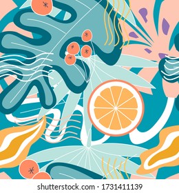 Collage modern floral seamless pattern. Modern exotic illustration of jungle plants, lemons and leaves in vector.