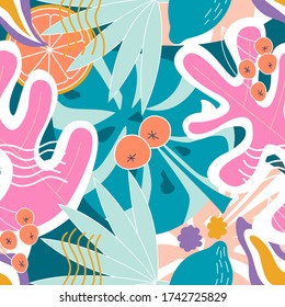 Collage modern floral seamless pattern. Modern exotic illustration of jungle plants, lemons, leaves in vector.