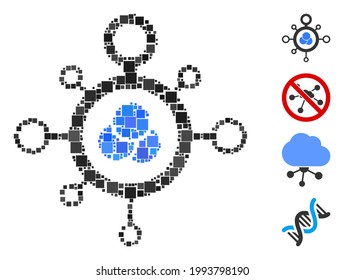 Icono de molécula de grupo compuesto de elementos cuadrados de diferentes tamaños y tonos de color. Los elementos cuadrados vectoriales se agrupan en un icono de molécula de collage abstracto. Se colocan los iconos de bonificación.