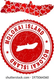 Collage Molokai Island map composed with red love hearts, and grunge seal stamp. Vector lovely round red rubber stamp imitation with Molokai Island map inside.