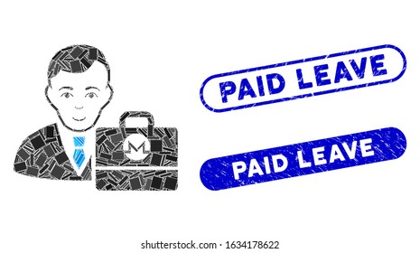 Collage Monero accounter and corroded stamp seals with Paid Leave text. Mosaic vector Monero accounter is designed with random rectangle items. Paid Leave stamp seals use blue color,