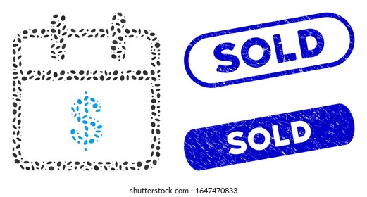 Collage money day and rubber stamp seals with Sold caption. Mosaic vector money day is created with randomized oval parts. Sold stamp seals use blue color, and have round rectangle shape.