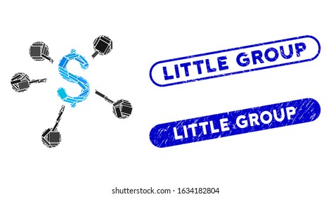Collage money distribution and corroded stamp seals with Little Group text. Mosaic vector money distribution is formed with random rectangles. Little Group stamp seals use blue color,