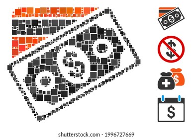 Icono de Dinero colaborativo compuesto de elementos cuadrados de varios tamaños y tonos de color. Los elementos cuadrados vectoriales se componen en un icono de dinero de collage abstracto. Se agregan iconos de bonificación.
