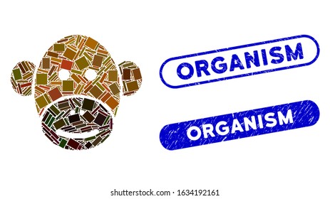 Collage monkey face and distressed stamp watermarks with Organism caption. Mosaic vector monkey face is created with random rectangle items. Organism stamp seals use blue color,