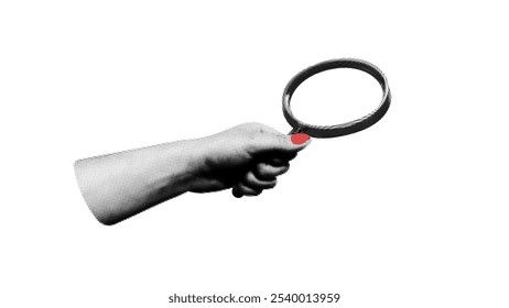 collage monochrome halfton hand with magnifying glass, find, search, evidence, crime investigation.