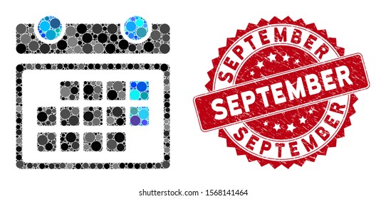 Collage month calendar and grunge stamp seal with September phrase. Mosaic vector is formed with month calendar icon and with randomized spheric items. September stamp seal uses red color,