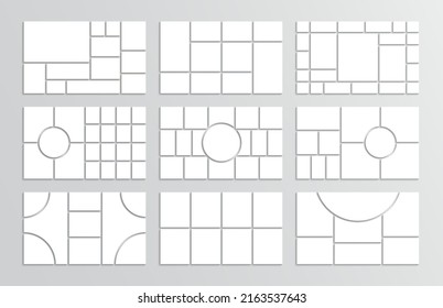 Collage mood board grid. Moodboard template. Photo layout. Mosaic pictures. Frames Images. Album brandboard. Gallery banner. Set of presentation backgrounds. Organised portfolio. Vector illustration