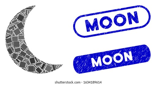 Collage moon and corroded stamp seals with Moon caption. Mosaic vector moon is composed with randomized rectangle items. Moon stamp seals use blue color, and have round rectangle shape.