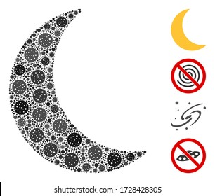Collage moon united from covid-2019 virus items in various sizes and color hues. Vector viral icons are combined into abstract collage moon icon. Some bonus icons are added.